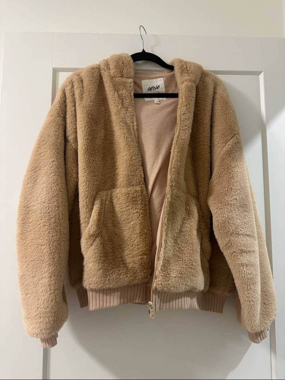 aerie Cozy Teddy Hooded Jacket - Camel